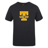 The Tacoma Tsunami Rugby Club Plain Tee by WRS Canterbury is a black cotton-blend shirt with a large yellow "T" and "Tacoma Rugby" in yellow text on the chest.