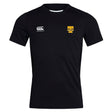 The EMB Canterbury Tacoma Tsunami Rugby Club Dry Tee is a black short-sleeve athletic shirt with the Canterbury logo on the left chest and a yellow "T" Tacoma Rugby logo on the right, made with Vapodri Technology to keep you cool and dry.