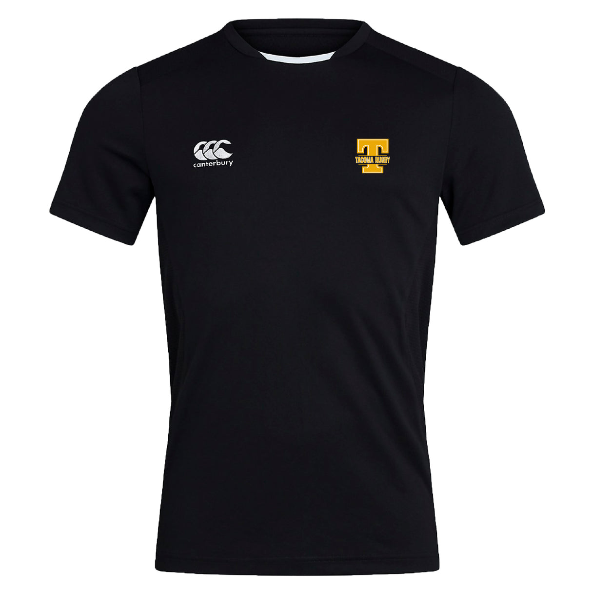 The EMB Canterbury Tacoma Tsunami Rugby Club Dry Tee is a black short-sleeve athletic shirt with the Canterbury logo on the left chest and a yellow "T" Tacoma Rugby logo on the right, made with Vapodri Technology to keep you cool and dry.