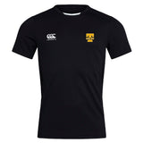 The EMB Canterbury Tacoma Tsunami Rugby Club Dry Tee is a black short-sleeve athletic shirt with the Canterbury logo on the left chest and a yellow "T" Tacoma Rugby logo on the right, made with Vapodri Technology to keep you cool and dry.