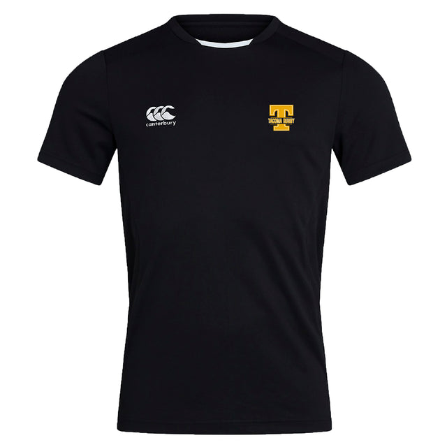 The EMB Canterbury Tacoma Tsunami Rugby Club Dry Tee is a black short-sleeve athletic shirt with the Canterbury logo on the left chest and a yellow "T" Tacoma Rugby logo on the right, made with Vapodri Technology to keep you cool and dry.