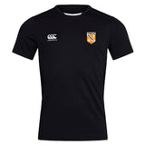The University of Tennessee Club Dry Tee by EMB Canterbury is a black, short-sleeve breathable workout shirt with a white Canterbury logo on the right chest and a Tennessee Rugby badge on the left.