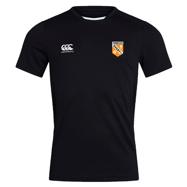 The University of Tennessee Club Dry Tee by EMB Canterbury is a black, short-sleeve breathable workout shirt with a white Canterbury logo on the right chest and a Tennessee Rugby badge on the left.