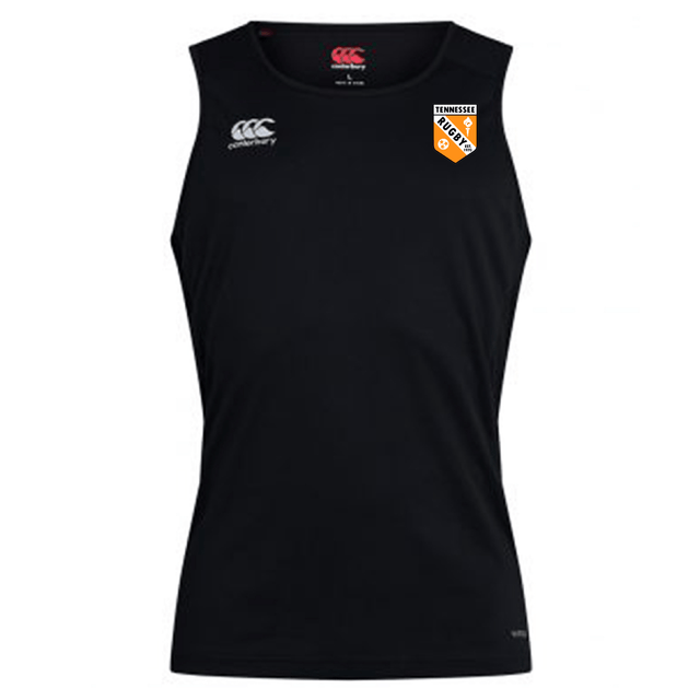 The University of Tennessee Club Dry Singlet by EMB Canterbury is a sleeveless black athletic top with Vapodri Technology, featuring the Canterbury logo on the right chest and a Tennessee Rugby badge on the left—ideal for intense training.