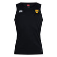The Tacoma Tsunami Rugby Club Dry Singlet by EMB Canterbury is a black sleeveless top with Vapodri Technology, featuring a small white Canterbury logo on the right chest and a yellow Tuscan Rugby logo on the left.