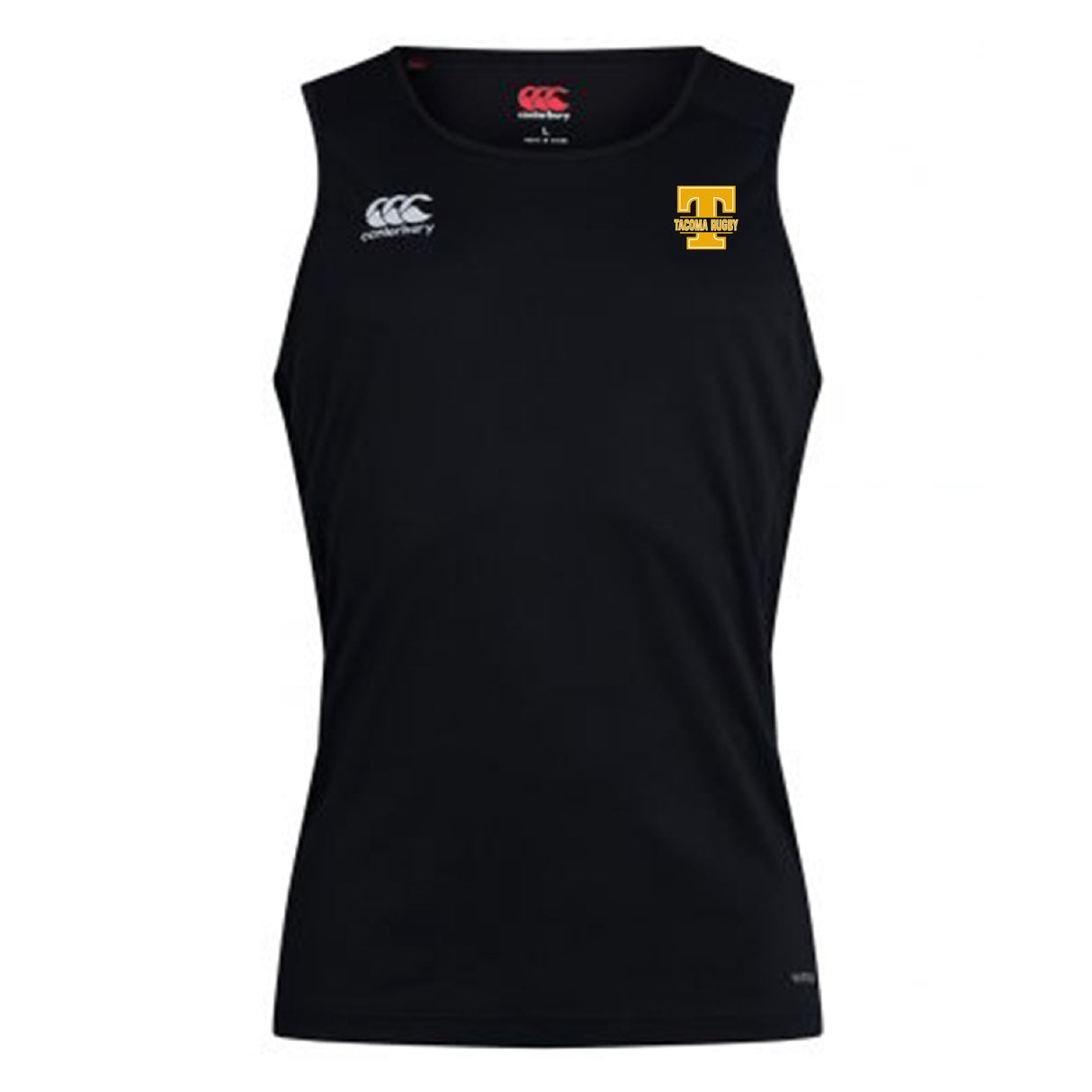 The Tacoma Tsunami Rugby Club Dry Singlet by EMB Canterbury is a black sleeveless top with Vapodri Technology, featuring a small white Canterbury logo on the right chest and a yellow Tuscan Rugby logo on the left.