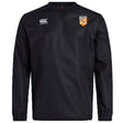 The EMB Canterbury University of Tennessee Club Vaposhield Contact Top is a black long-sleeve with wet weather protection, featuring the Canterbury logo on the right chest and the Tennessee Rugby club shield on the left.