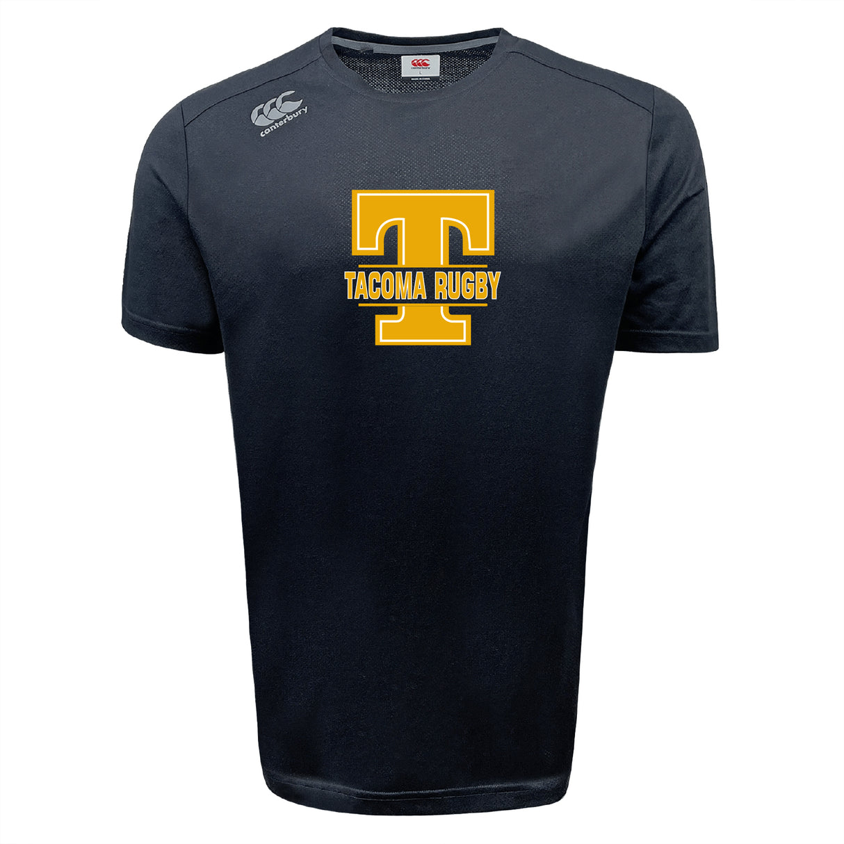 The Tacoma Tsunami Rugby Tempo Vapodri T-Shirt by WRS Canterbury features a black short-sleeve design, gold "T" and "TACOMA RUGBY" front text, moisture-wicking fabric, and the Canterbury logo on the right shoulder.