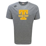 The Tacoma Tsunami Rugby Tempo Vapodri T-Shirt by WRS Canterbury is a gray short-sleeve athletic shirt with a bold yellow "T", "TACOMA RUGBY" on the front, and a small logo on the right shoulder.