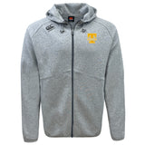 The Tacoma Tsunami Rugby Tempo Vapodri Full-Zip Hoodie by EMB Canterbury is a light gray hoodie with a hood, drawstrings, side pockets, long sleeves, black and yellow embroidered logos, and moisture-wicking fabric for comfort.