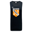 The University of Tennessee Tempo Vapodri Singlet by WRS Canterbury is a black rugby tank with "Tennessee Rugby" and an orange-white shield, torch, and "Est. 1970" on the front, made from recycled polyester for comfort and performance.