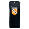 The University of Tennessee Tempo Vapodri Singlet by WRS Canterbury is a black rugby tank with "Tennessee Rugby" and an orange-white shield, torch, and "Est. 1970" on the front, made from recycled polyester for comfort and performance.