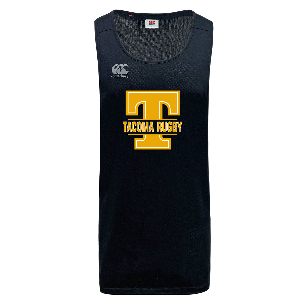 The Tacoma Tsunami Rugby Tempo Vapodri Singlet by WRS Canterbury is a black sleeveless jersey with a large yellow "T" over "Tacoma Rugby," made from recycled polyester and featuring VapoDri tech plus the Canterbury logo.
