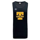 The Tacoma Tsunami Rugby Tempo Vapodri Singlet by WRS Canterbury is a black sleeveless jersey with a large yellow "T" over "Tacoma Rugby," made from recycled polyester and featuring VapoDri tech plus the Canterbury logo.