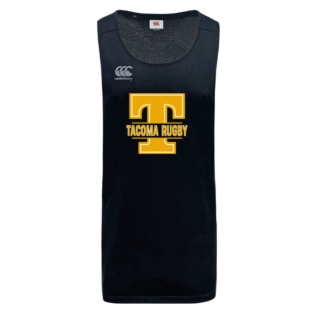 The Tacoma Tsunami Rugby Tempo Vapodri Singlet by WRS Canterbury is a black sleeveless jersey with a large yellow "T" over "Tacoma Rugby," made from recycled polyester and featuring VapoDri tech plus the Canterbury logo.