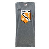 The University of Tennessee Tempo Vapodri Singlet by WRS Canterbury is a gray, sleeveless athletic shirt made from recycled polyester, featuring a prominent Tennessee Rugby crest (est. 1970) on the front.