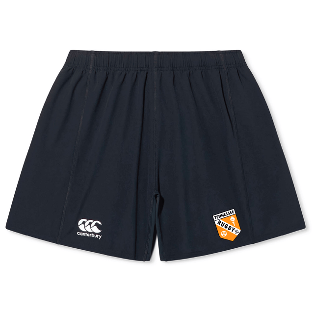 The University of Tennessee Yokohama Short by EMB Canterbury features lightweight, durable black fabric, an elastic waistband, a white Canterbury logo on the left leg, and a Tennessee Rugby badge on the right.