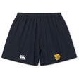 The Tacoma Tsunami Rugby Yokohama Short by EMB Canterbury features navy blue lightweight, durable fabric, an elastic waistband, a white Canterbury logo on the left leg, and a yellow "T" Texas State logo on the right.