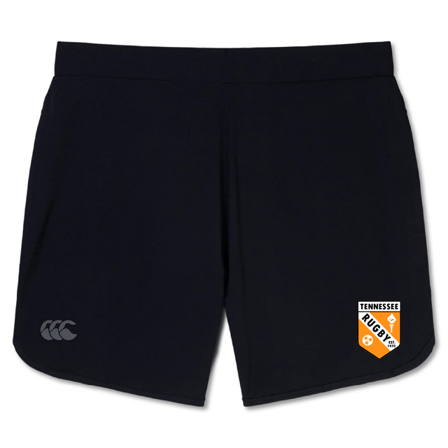 The University of Tennessee Women's Elite Woven Short by EMB Canterbury features the Canterbury logo, Tennessee Rugby badge, and zippered pockets for secure storage.