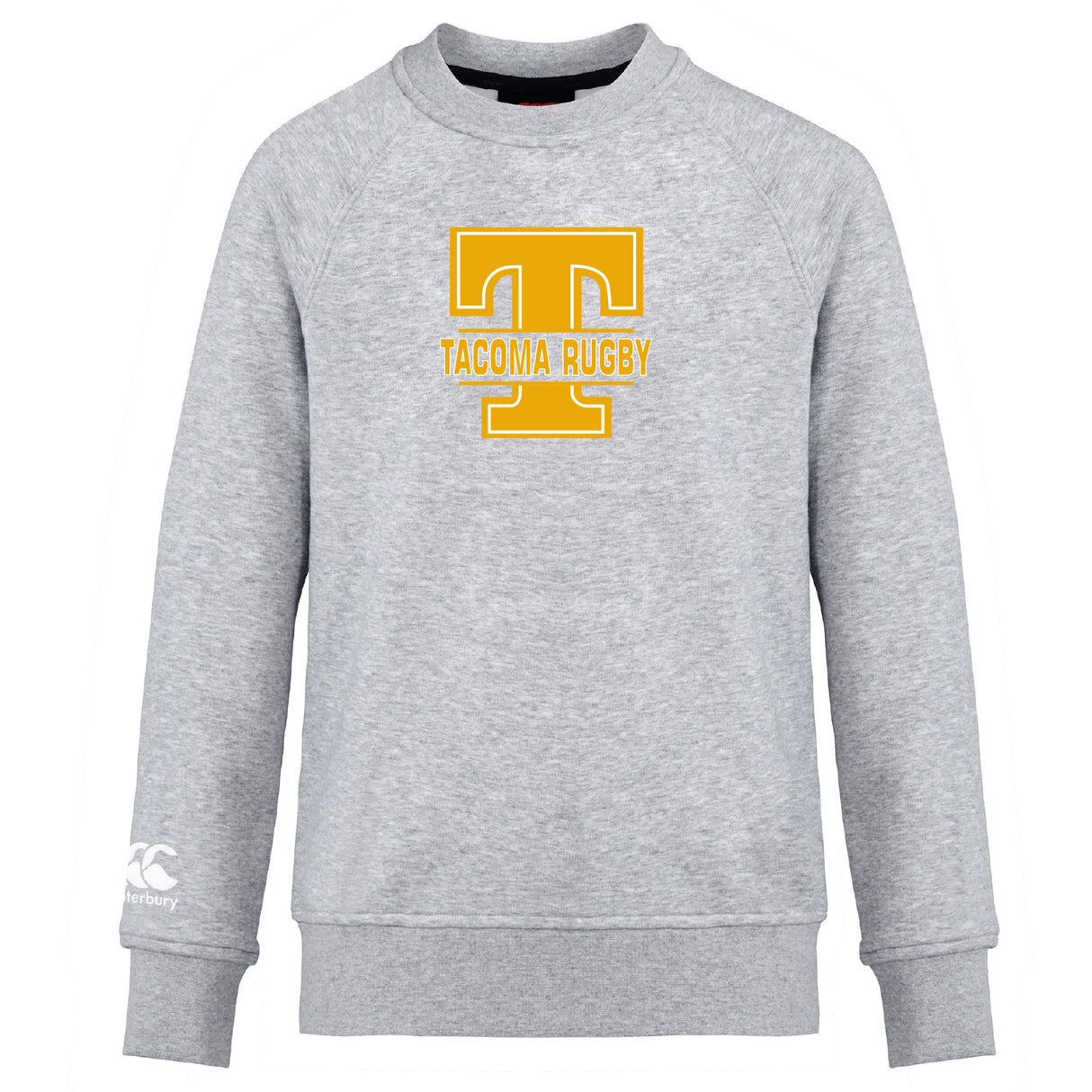 The Tacoma Tsunami Rugby Club Crew Sweatshirt by WRS Canterbury is a gray, ultra-soft top featuring "Tacoma Rugby" and a bold yellow "T" on the front, plus an embroidered CCC logo on the left sleeve.