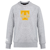 The Tacoma Tsunami Rugby Club Crew Sweatshirt by WRS Canterbury is a gray, ultra-soft top featuring "Tacoma Rugby" and a bold yellow "T" on the front, plus an embroidered CCC logo on the left sleeve.