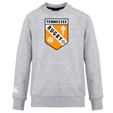 The University of Tennessee Club Crew Sweatshirt by WRS Canterbury features a light gray design with "Tennessee Rugby Est. 1970" in black, orange, and white on the front and an embroidered CCC logo, offering ultra-soft comfort and classic style.