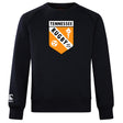 The University of Tennessee Club Crew Sweatshirt by Canterbury in black features a large "Tennessee Rugby" crest with torch, star, and "EST. 1970" on the front, plus an embroidered WRS Canterbury logo on the left sleeve.