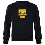 The Tacoma Tsunami Rugby Club Crew Sweatshirt by WRS Canterbury features a large yellow "T" and "Tacoma Rugby" text on black, an ultra soft feel, and a small embroidered CCC logo on the left sleeve.