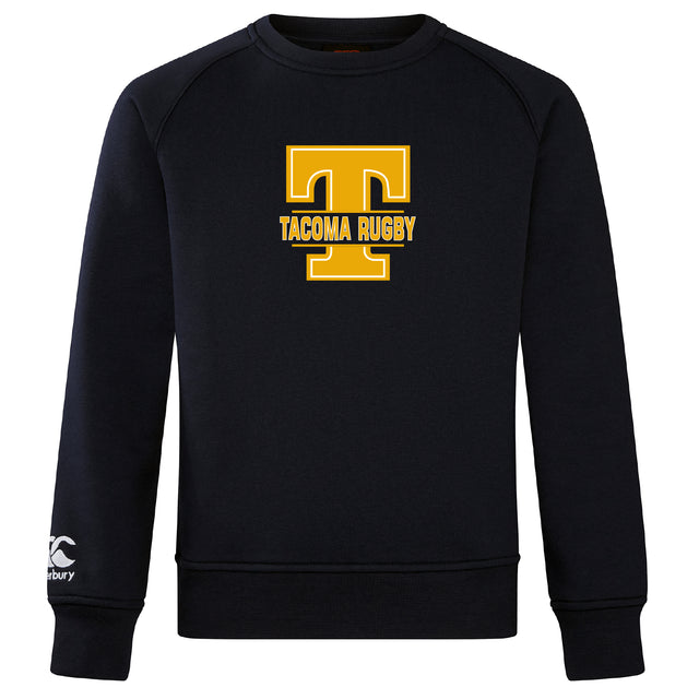 The Tacoma Tsunami Rugby Club Crew Sweatshirt by WRS Canterbury features a large yellow "T" and "Tacoma Rugby" text on black, an ultra soft feel, and a small embroidered CCC logo on the left sleeve.