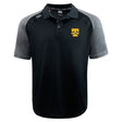 The Tacoma Tsunami Rugby Elite Polo by EMB Canterbury is a black and gray short-sleeve polo with a yellow "T" logo and "TIGAWA RUGBY" on the chest, made from Vapodri fabrics for lightweight comfort.