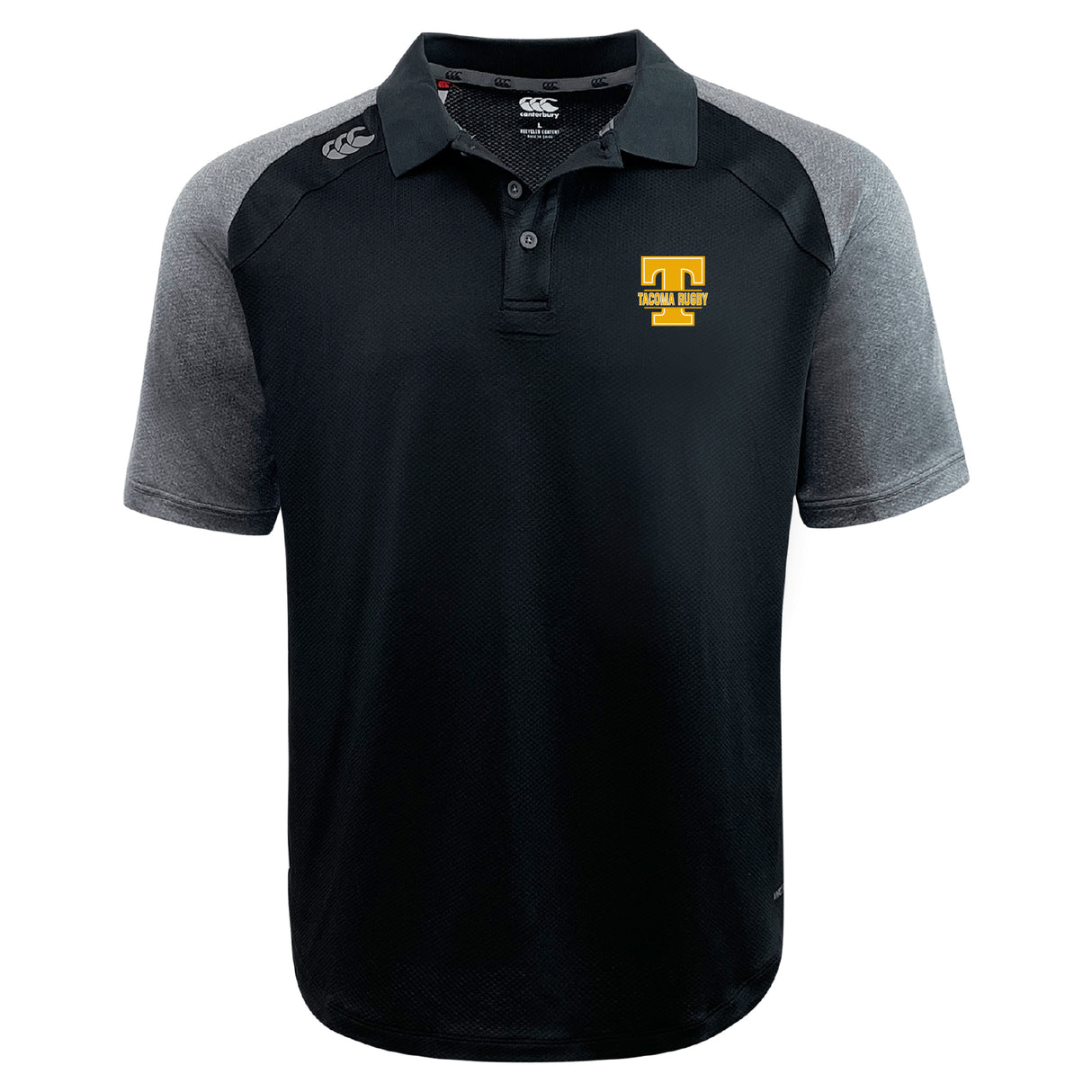 The Tacoma Tsunami Rugby Elite Polo by EMB Canterbury is a black and gray short-sleeve polo with a yellow "T" logo and "TIGAWA RUGBY" on the chest, made from Vapodri fabrics for lightweight comfort.
