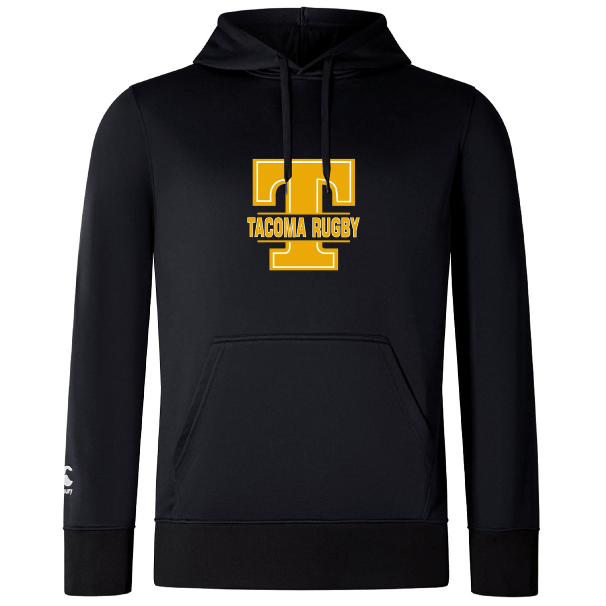 The Tacoma Tsunami Rugby Club Lightweight Hoodie by WRS Canterbury features a black design with a large yellow "T" and "Tacoma Rugby" on the front, plus a drawstring hood and front pocket.