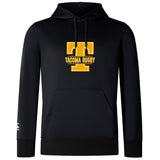 The Tacoma Tsunami Rugby Club Lightweight Hoodie by WRS Canterbury features a black design with a large yellow "T" and "Tacoma Rugby" on the front, plus a drawstring hood and front pocket.