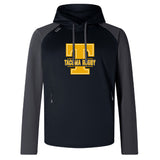 The Tacoma Tsunami Rugby Elite Training Hoody by WRS Canterbury features black and gray colors, "Tacoma Rugby," and a large yellow "T" on the front—a premium performance hoodie designed for comfort and style.