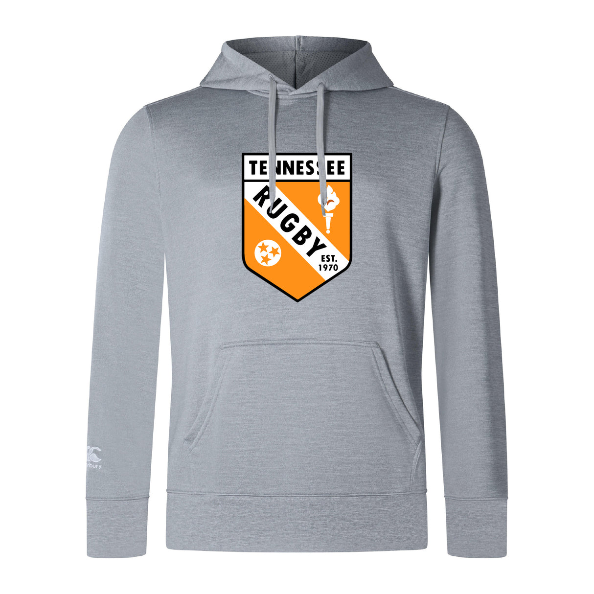 The University of Tennessee Club Lightweight Hoodie by WRS Canterbury features a light gray design, front “Tennessee Rugby” crest in black, white, and orange, "Est. 1970," two stars, and kangaroo pocket—perfect for any Club fan.
