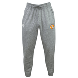 The EMB Canterbury University of Tennessee Leisure Sweatpant features a grey, sustainable fleece design with a drawstring waist, white left-thigh logo, and orange/black sports emblem on the right thigh for comfort and style.