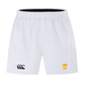 The EMB Canterbury Tacoma Tsunami Rugby Advantage Short 2.0 features the Canterbury logo on the left leg and a yellow "T" on the right—ideal performance training shorts for fans seeking sustainable sportswear.