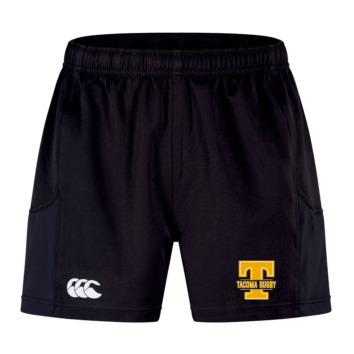 The Tacoma Tsunami Rugby Advantage Short 2.0 by EMB Canterbury features a black design, elastic waistband, white Canterbury logo on the left leg, and yellow "Tacoma Rugby" emblem on the right—ideal for sustainable sportswear fans.