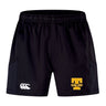 The Tacoma Tsunami Rugby Advantage Short 2.0 by EMB Canterbury features a black design, elastic waistband, white Canterbury logo on the left leg, and yellow "Tacoma Rugby" emblem on the right—ideal for sustainable sportswear fans.