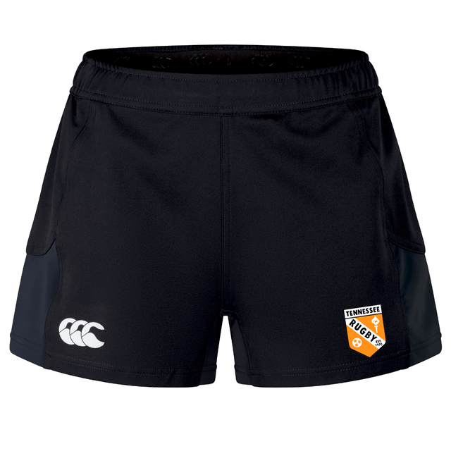 The EMB Canterbury University of Tennessee Women's Advantage Short 2.0 features a white Canterbury logo on the left leg and a Tennessee Rugby badge on the right—ideal rugby shorts for both training and matches.