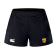 The Tacoma Tsunami Rugby Women's Advantage Short 2.0 by EMB Canterbury features a white Canterbury logo on the left and a yellow "T" Technical Rugby patch on the right.