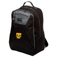 The EMB Canterbury Tacoma Tsunami Rugby Medium Backpack features gray accents, a mesh side pocket, water-repellent fabric, and a "Tacoma Rugby" logo with a yellow "T"—perfect for carrying your athletic gear.
