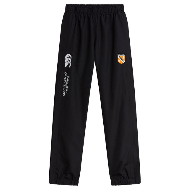 The University of Tennessee Cuffed Hem Stadium Pant by EMB Canterbury features an elastic waistband and cuffs, a white Canterbury logo, and a multicolor badge for sporty style and comfort. Perfect for sport or leisure.