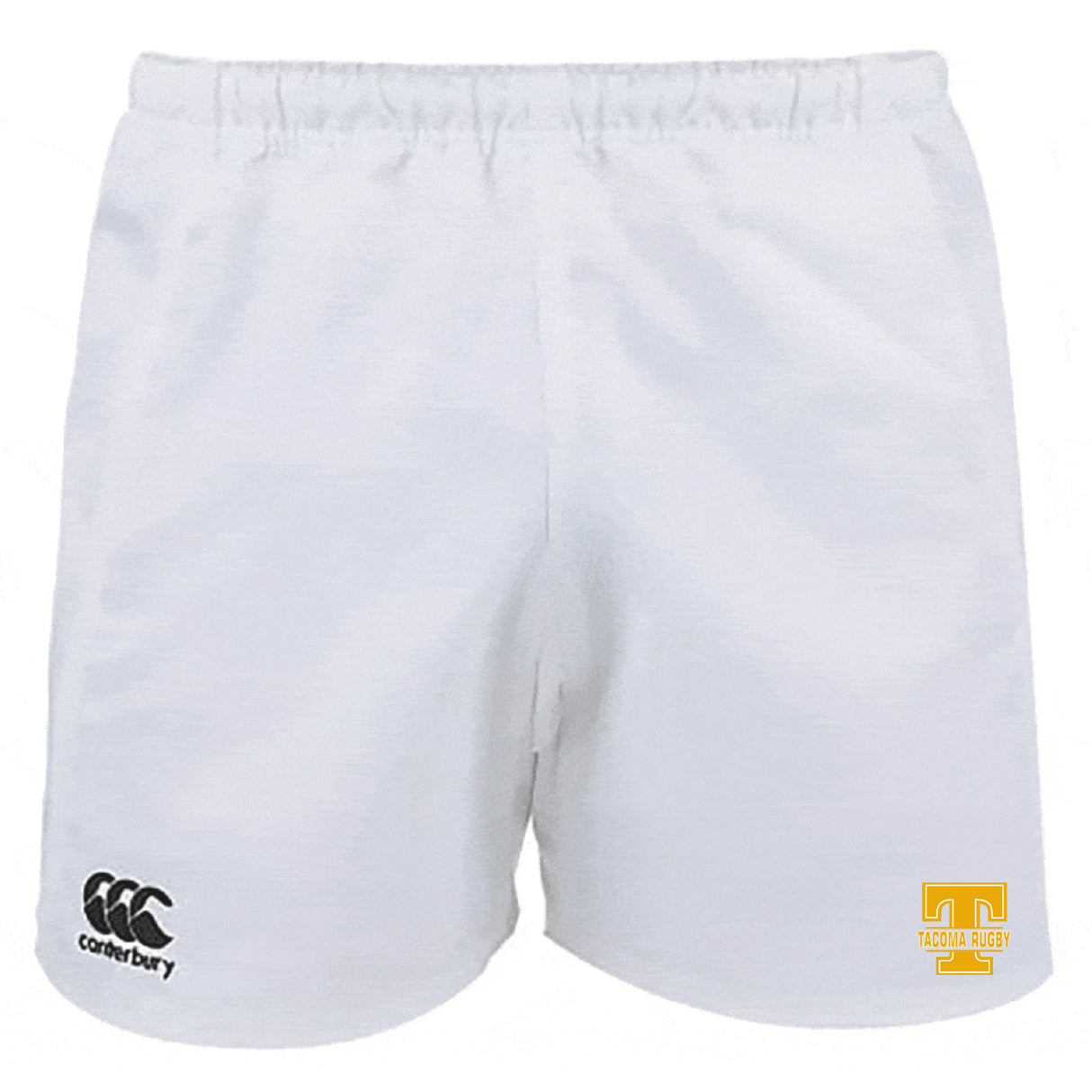 The Tacoma Tsunami Rugby Advantage Rugby Shorts by EMB Canterbury feature an elastic waistband, CCC logo on the left leg, yellow Tacoma Rugby emblem on the right, and moisture-wicking fabric to keep you dry.