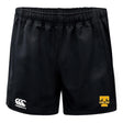 Tacoma Tsunami Rugby Advantage Rugby Shorts by EMB Canterbury feature an elastic waistband, a white Canterbury logo on the left leg, and a yellow Tacoma Rugby emblem on the right. Designed for rugby durability and performance.