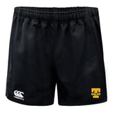 Tacoma Tsunami Rugby Advantage Rugby Shorts by EMB Canterbury feature an elastic waistband, a white Canterbury logo on the left leg, and a yellow Tacoma Rugby emblem on the right. Designed for rugby durability and performance.