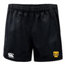 Tacoma Tsunami Rugby Advantage Rugby Shorts by EMB Canterbury feature an elastic waistband, a white Canterbury logo on the left leg, and a yellow Tacoma Rugby emblem on the right. Designed for rugby durability and performance.