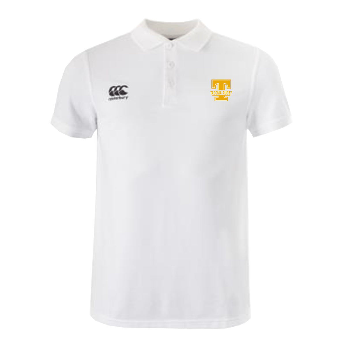 The EMB Canterbury Tacoma Tsunami Rugby Waimak Polo is a white men's short-sleeve polo with the Canterbury logo on the right chest and a gold "T" with "TECH HIGH" on the left, offering classic style and comfort.