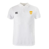 The EMB Canterbury Tacoma Tsunami Rugby Waimak Polo is a white men's short-sleeve polo with the Canterbury logo on the right chest and a gold "T" with "TECH HIGH" on the left, offering classic style and comfort.