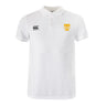 The EMB Canterbury Tacoma Tsunami Rugby Waimak Polo is a white men's short-sleeve polo with the Canterbury logo on the right chest and a gold "T" with "TECH HIGH" on the left, offering classic style and comfort.